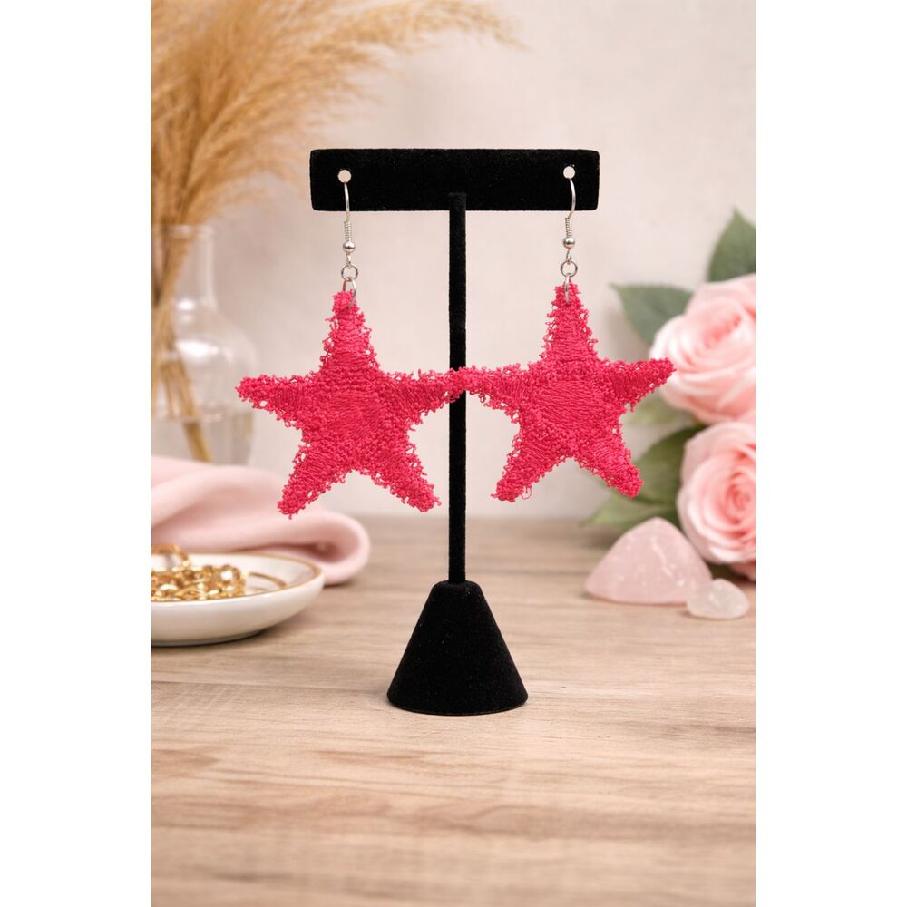 Red Statement Star Earrings – Bold Textured Dangle Earrings